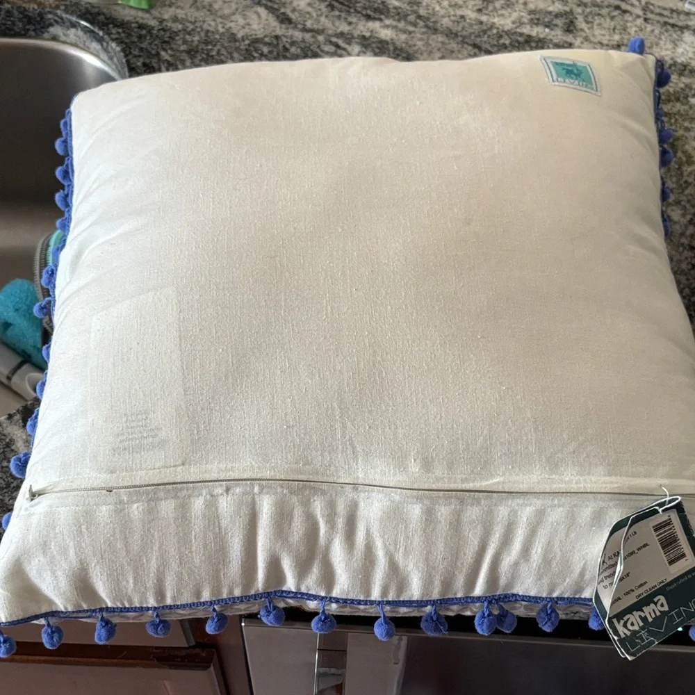 Karma Living hooked Decorative Duck Pillow with Blue Pom Poms! NWT